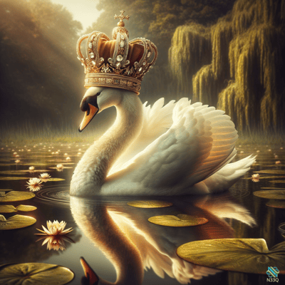 Crowned White Swan on Lily Pond