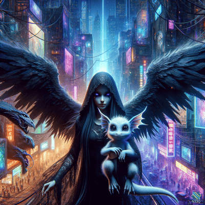 Hooded Winged Woman Holding White Dragon in Neon City