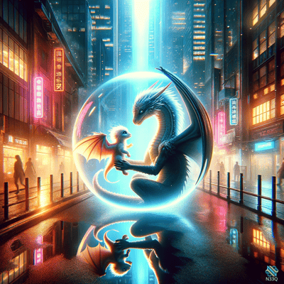 Dragons in Glowing Orb on Neon City Street
