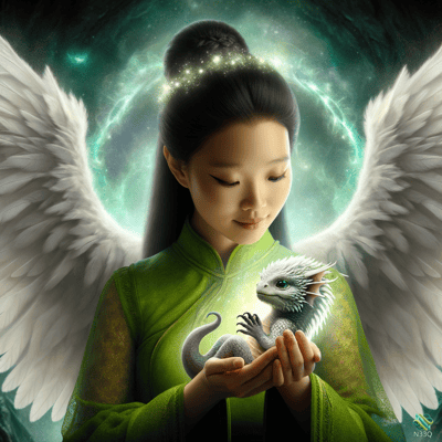 Winged Woman Holding Small White Dragon