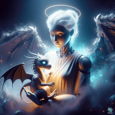 Cybernetic Angel Cradling Baby Dragon