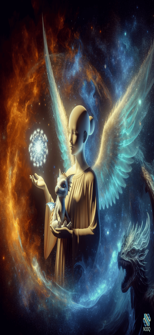 Winged Angel Holding Dragon in Cosmic Nebula