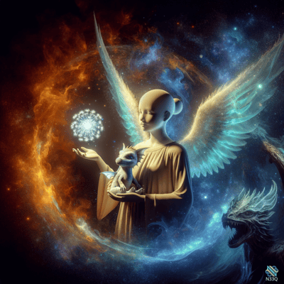 Winged Angel Holding Dragon in Cosmic Nebula