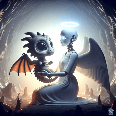 Robotic Angel Holding Baby Dragon in Cave