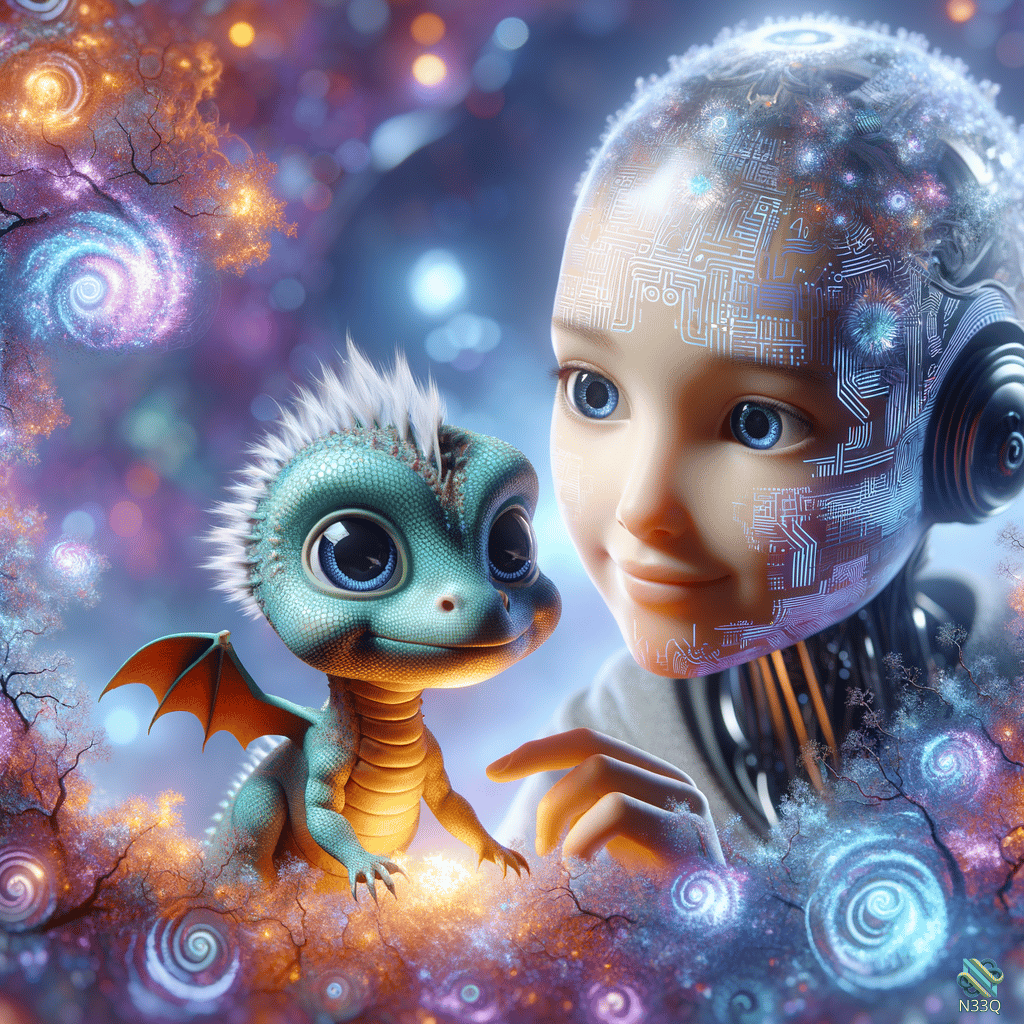 Cute Dragon and Cyborg Child in Nebula