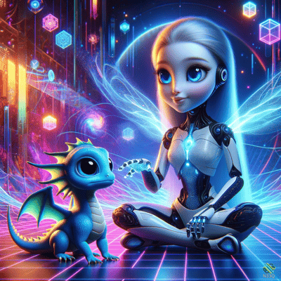 Cyborg Fairy Reaching to Blue Baby Dragon