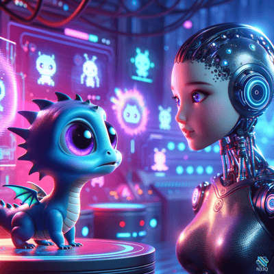 Blue Dragon and Female Cyborg in Neon Lab