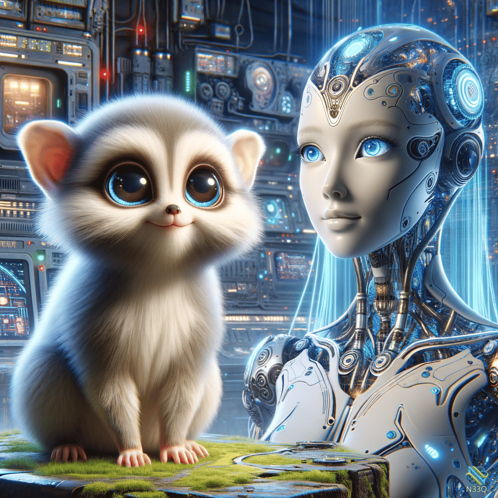Fluffy Creature Beside Female Cyborg