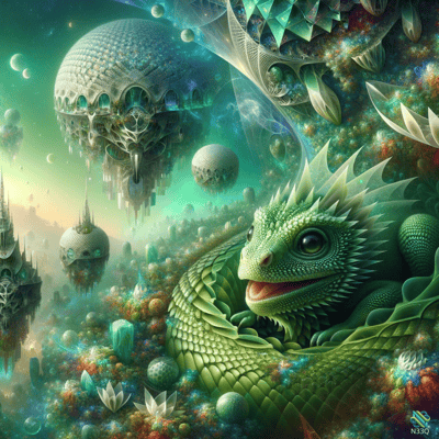 Green Dragon in Floating Fantasy Realm