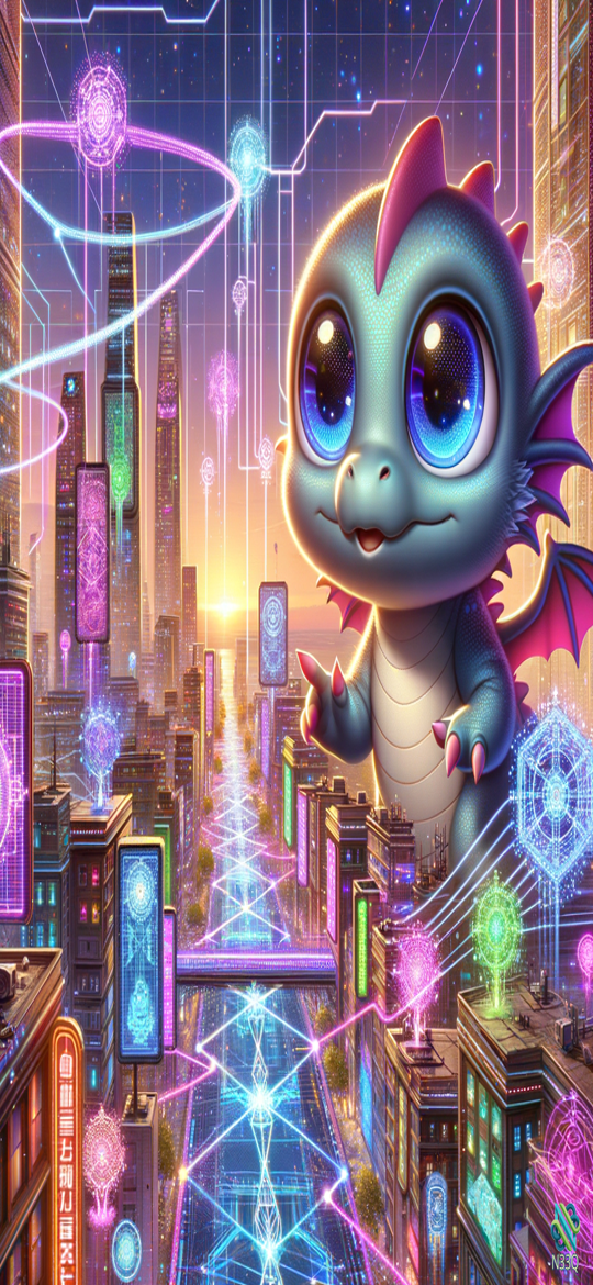 Cute Dragon Over Neon Cyberpunk City