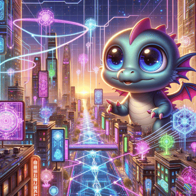 Cute Dragon Over Neon Cyberpunk City