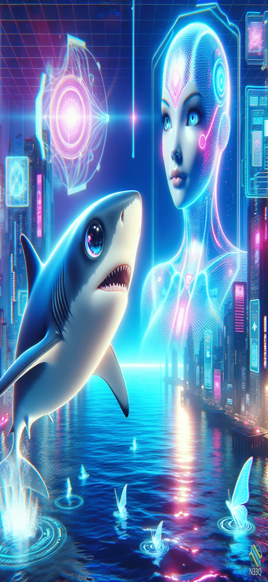 Neon Shark Leaping Near Holographic Woman