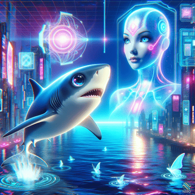 Neon Shark Leaping Near Holographic Woman