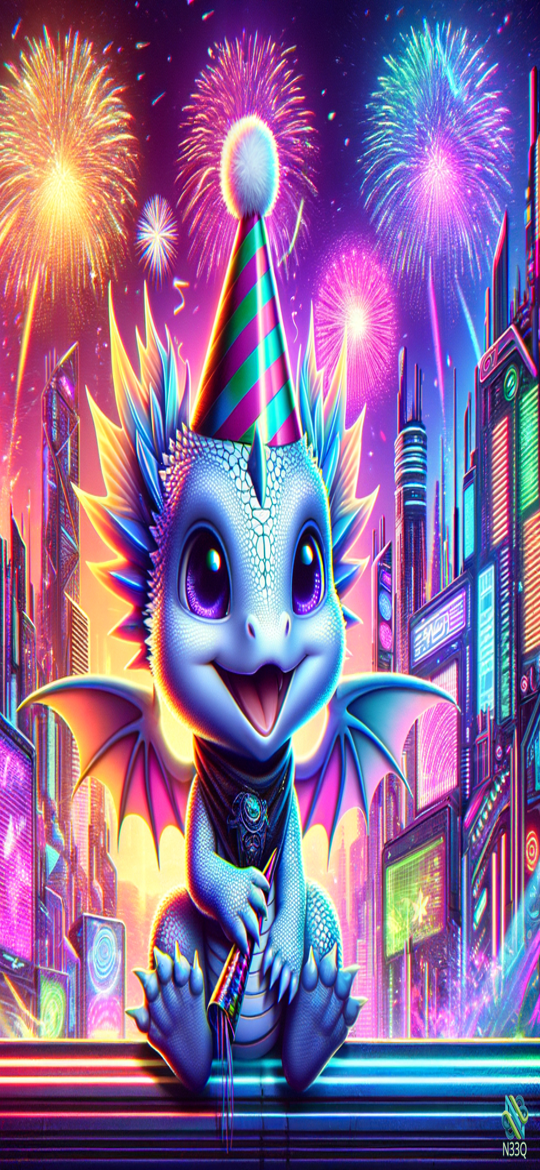Cute Dragon Cub at Neon Fireworks Celebration