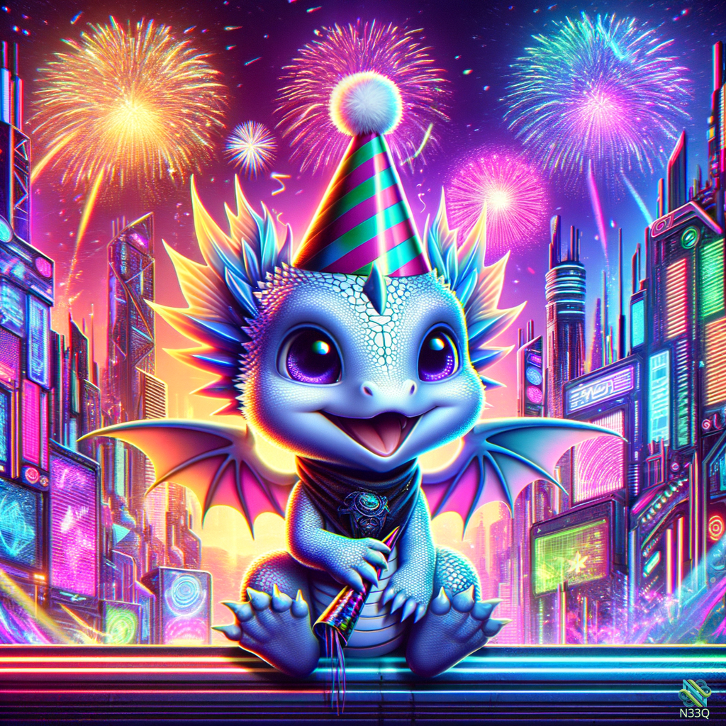 Cute Dragon Cub at Neon Fireworks Celebration