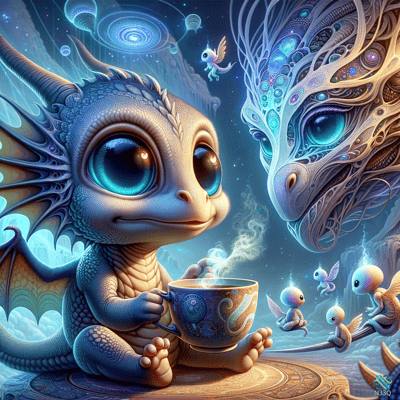 Baby Dragon Sipping from Ornate Cup