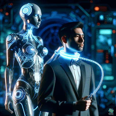 Man Holding Leash to Female Android