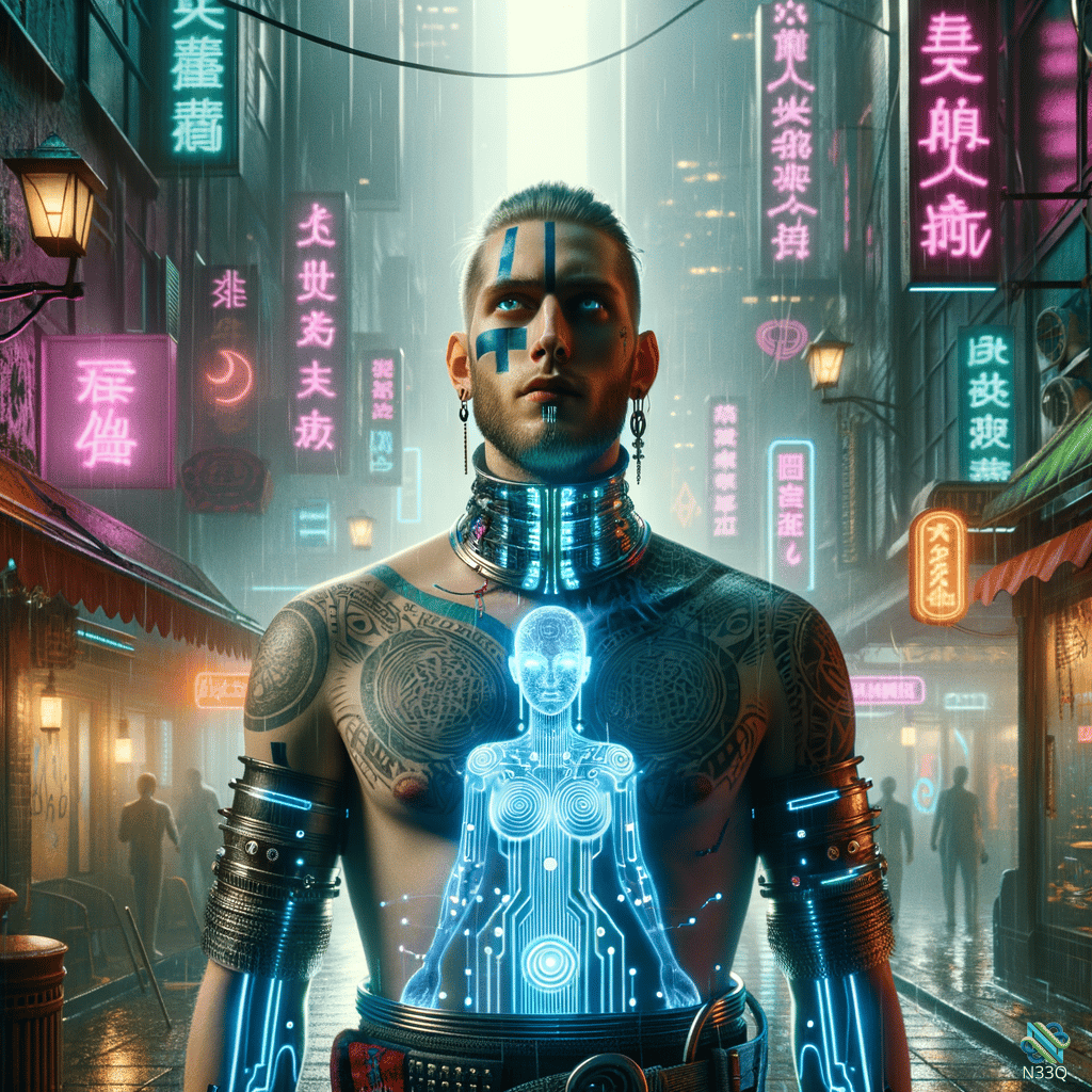 Cyborg with Holographic Figure in Rainy Neon Alley