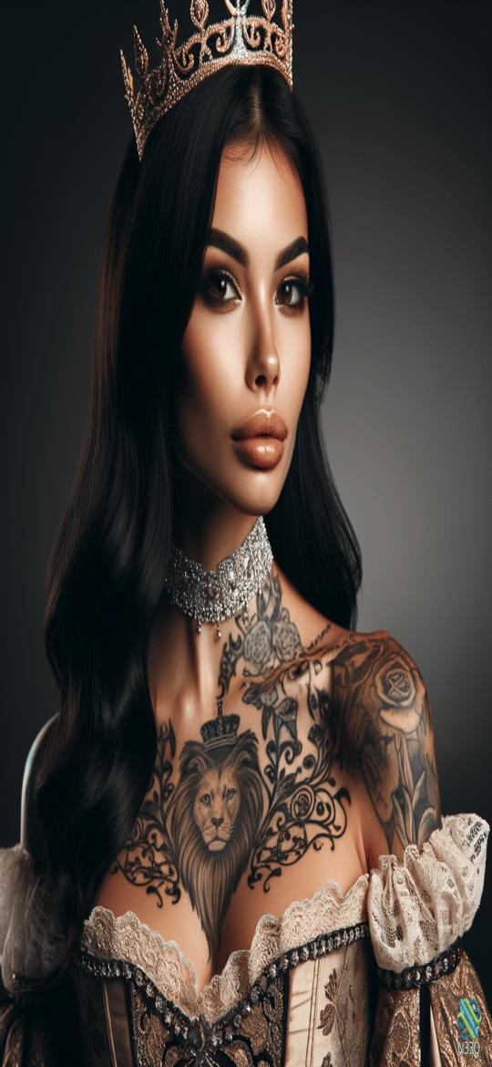 Crowned Woman with Lion Chest Tattoo