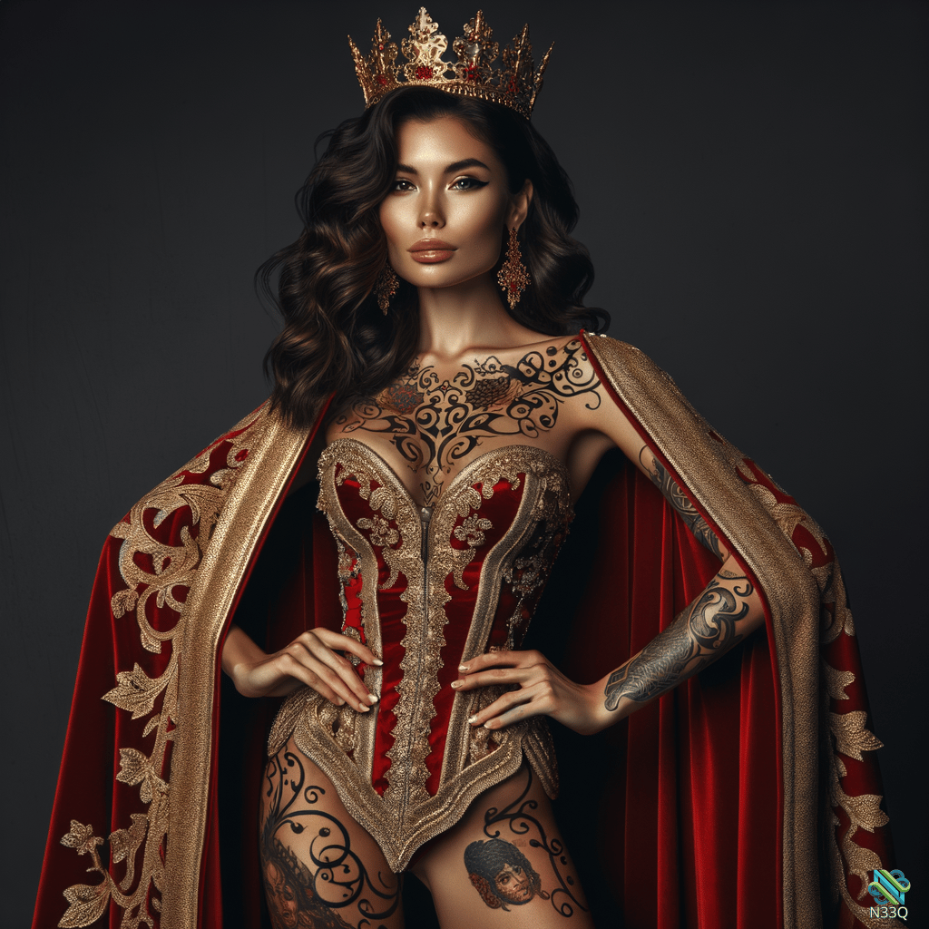 Tattooed Queen in Red Velvet Cape