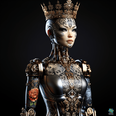 Crowned Cyborg Queen with Rose Engraving