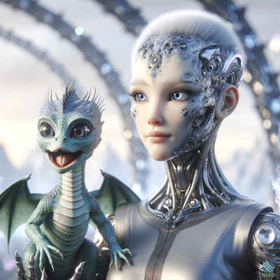Cyborg Girl with Green Dragon