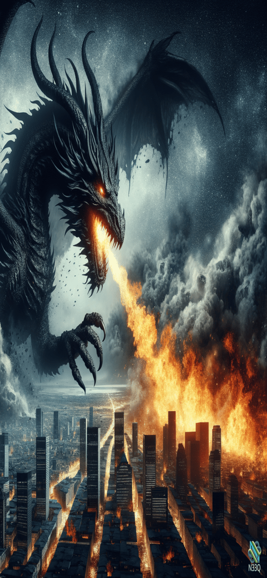 Black Dragon Breathing Fire Over Burning City
