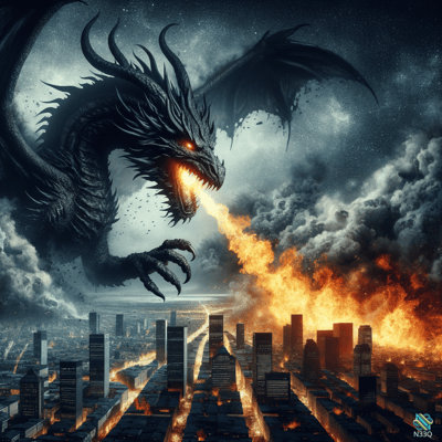 Black Dragon Breathing Fire Over Burning City