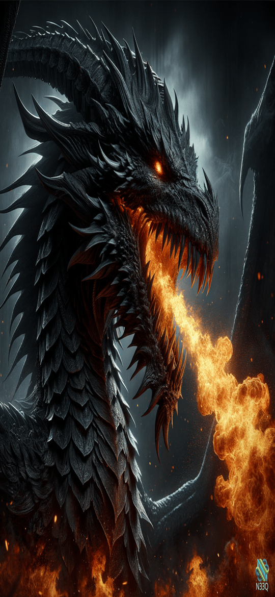 Black Dragon Breathing Orange Fire
