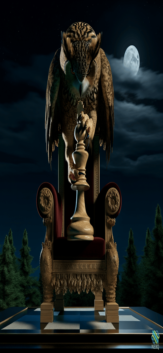 Owl on Throne Grasping Large Chess Piece