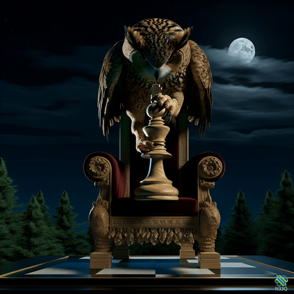 Owl on Throne Grasping Large Chess Piece
