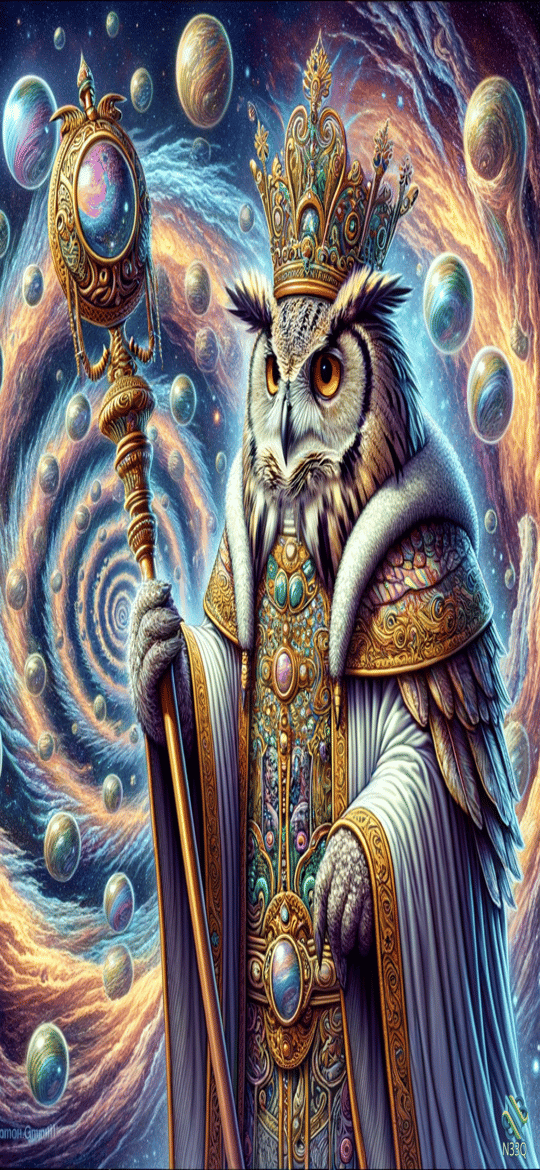 Owl King Holding Cosmic Scepter in Galaxy