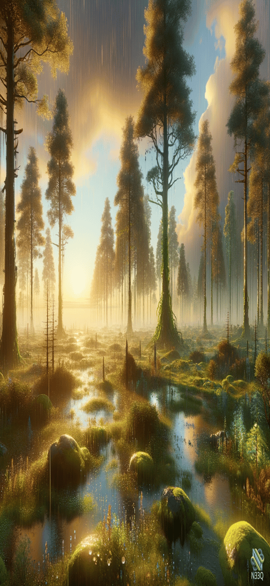Rainy Mossy Swamp Forest at Sunrise