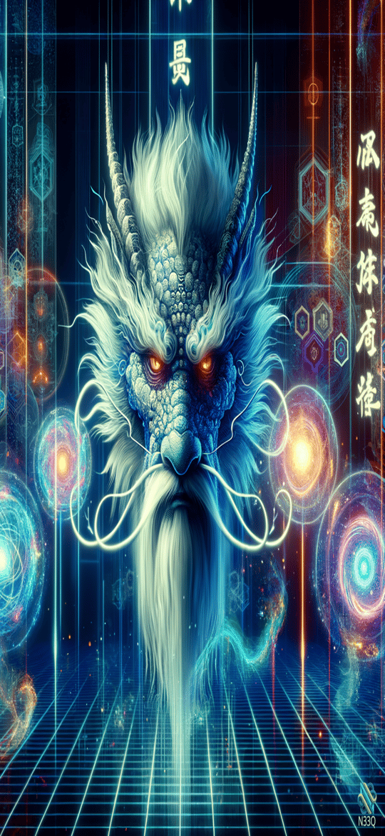 Blue Cyber Dragon in Neon Grid