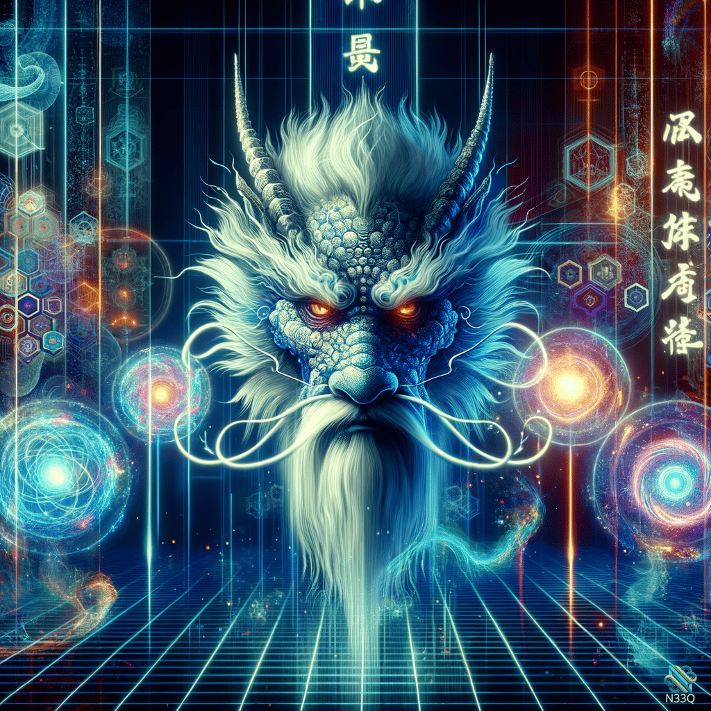 Blue Cyber Dragon in Neon Grid