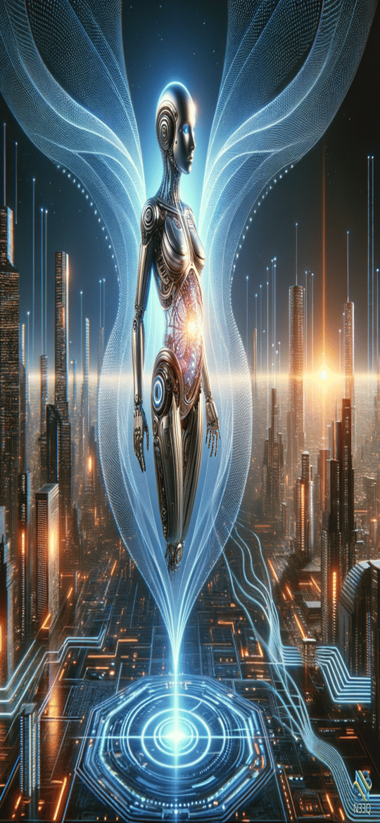 Cyborg with Blue Energy Wings over Neon City
