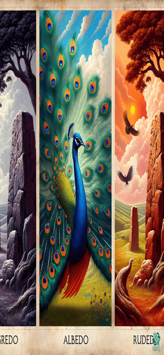 Peacock Alchemical Triptych Nigredo Albedo Rubedo