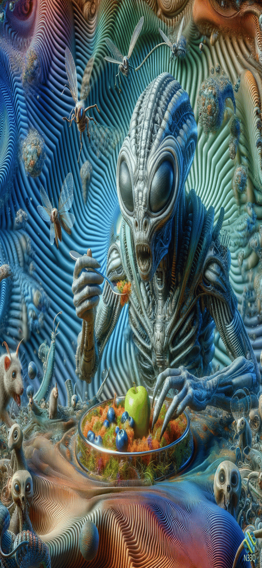 Alien Eating Fruit Amidst Insects