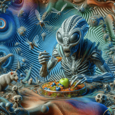 Alien Eating Fruit Amidst Insects