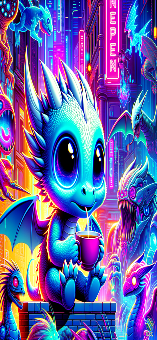 Cute Blue Dragon Sipping Tea in Neon City