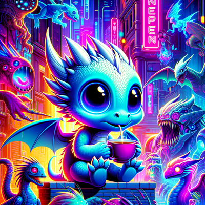 Cute Blue Dragon Sipping Tea in Neon City