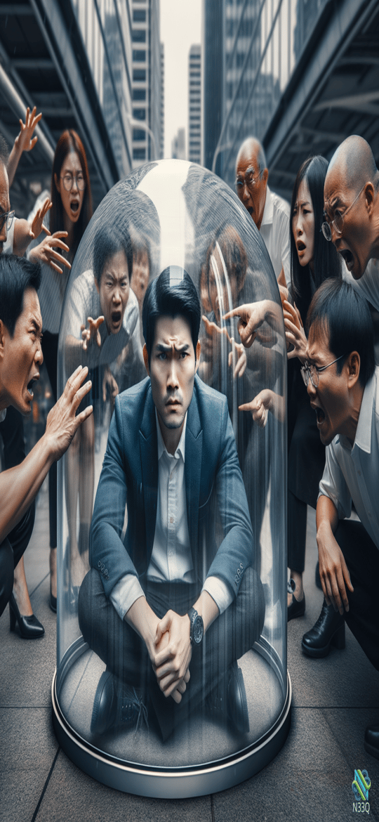 Businessman Seated in Glass Dome Amid Angry Mob