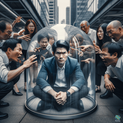 Businessman Seated in Glass Dome Amid Angry Mob