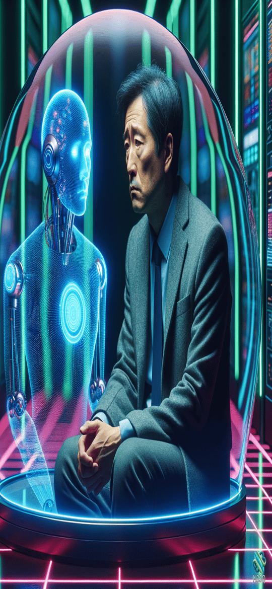 Businessman Beside Blue Holographic Robot in Dome