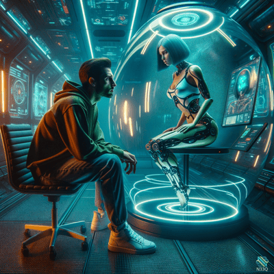 Man Observing Female Cyborg in Neon Sphere