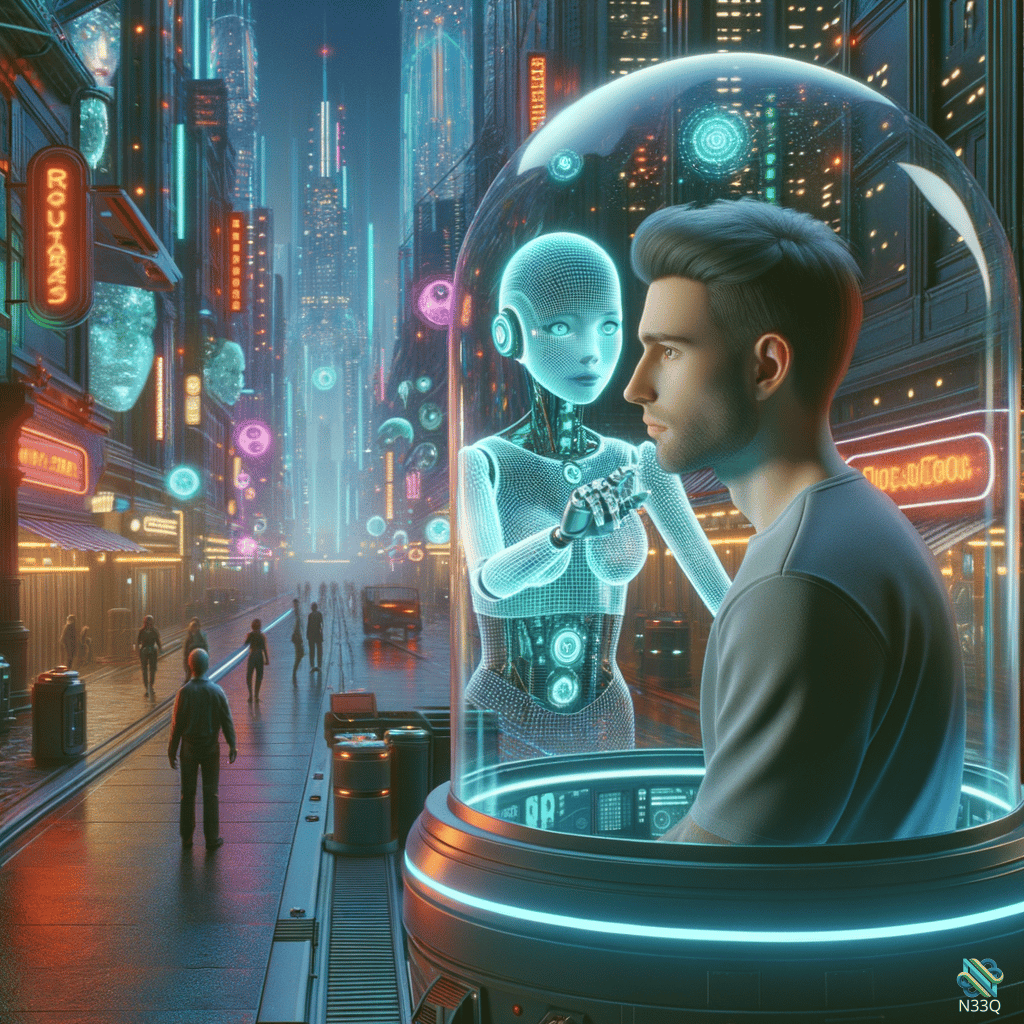 Man and Holographic Android in Neon Dome