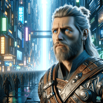 Bearded Warrior in Neon Cyberpunk City