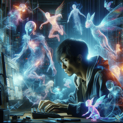 Young Man Typing Amidst Glowing Holographic Spirits