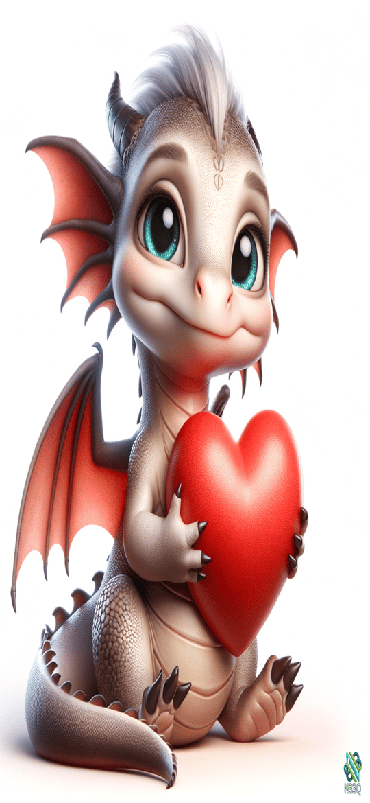 Baby Dragon Holding Red Heart