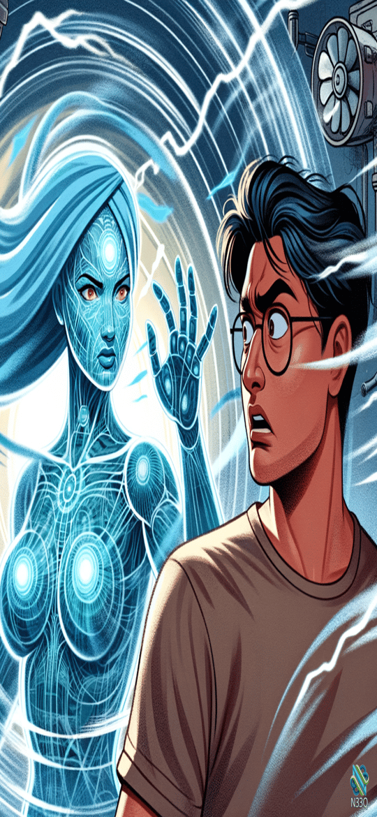 Blue Holographic Woman and Shocked Man
